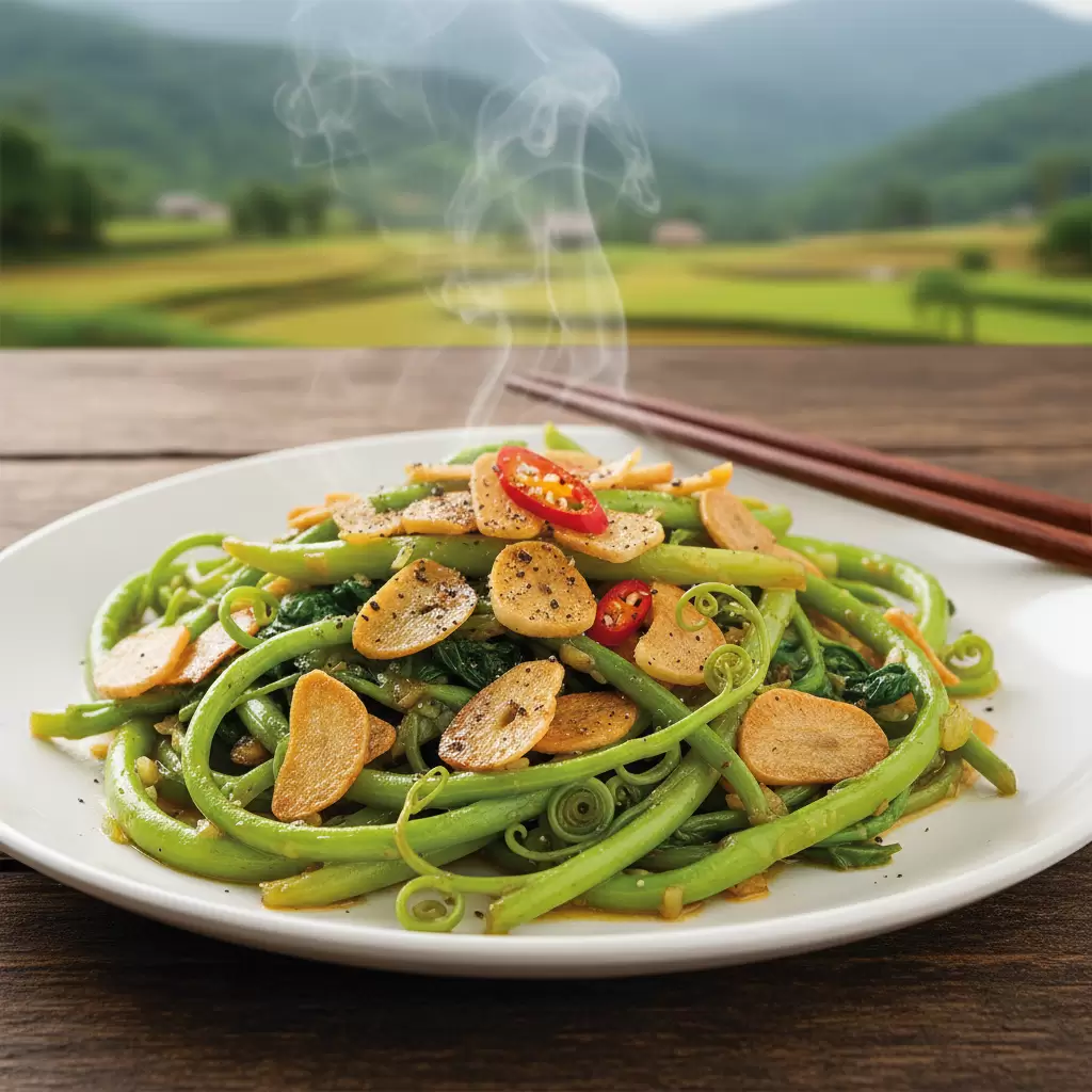 Ngọn su su xào tỏi là món đặc sản không thể thiếu trong bữa ăn tại Tam Đảo