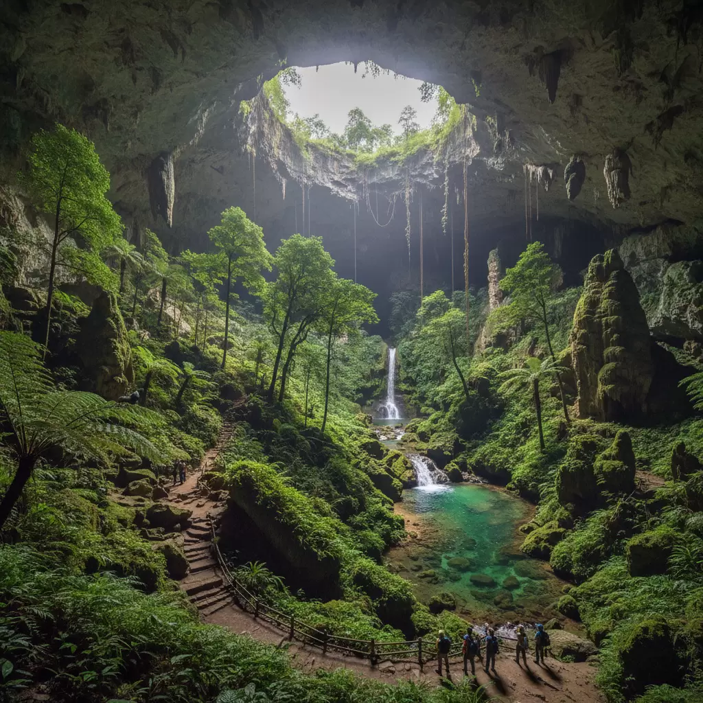 gemini_image_1767073748 Ánh sáng chiếu qua Doline tạo nên Vườn Địa Đàng một khu rừng nguyên sinh độc đáo bên trong lòng hang động