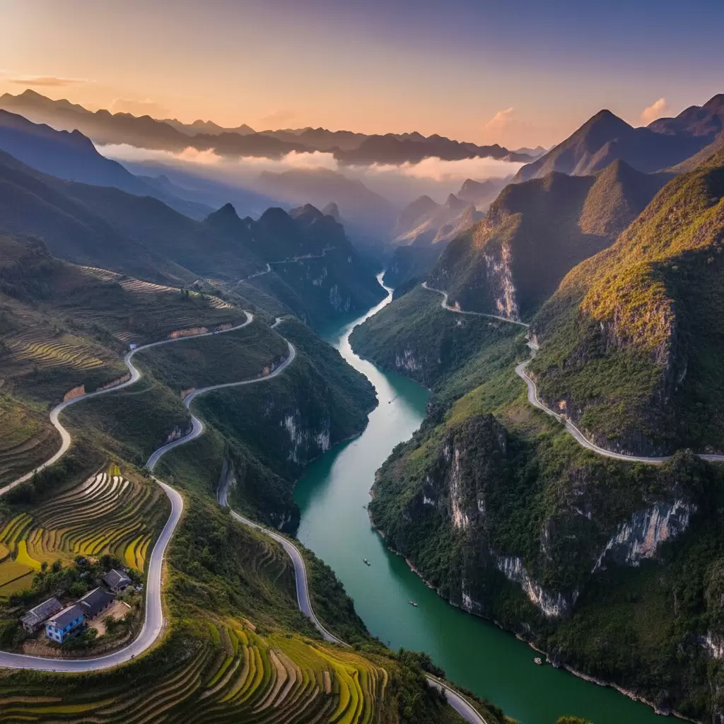 gemini_image_1767074048 Đèo Mã Pì Lèng một trong những cung đường hiểm trở và đẹp nhất Việt Nam nhìn xuống hẻm vực Tu Sản