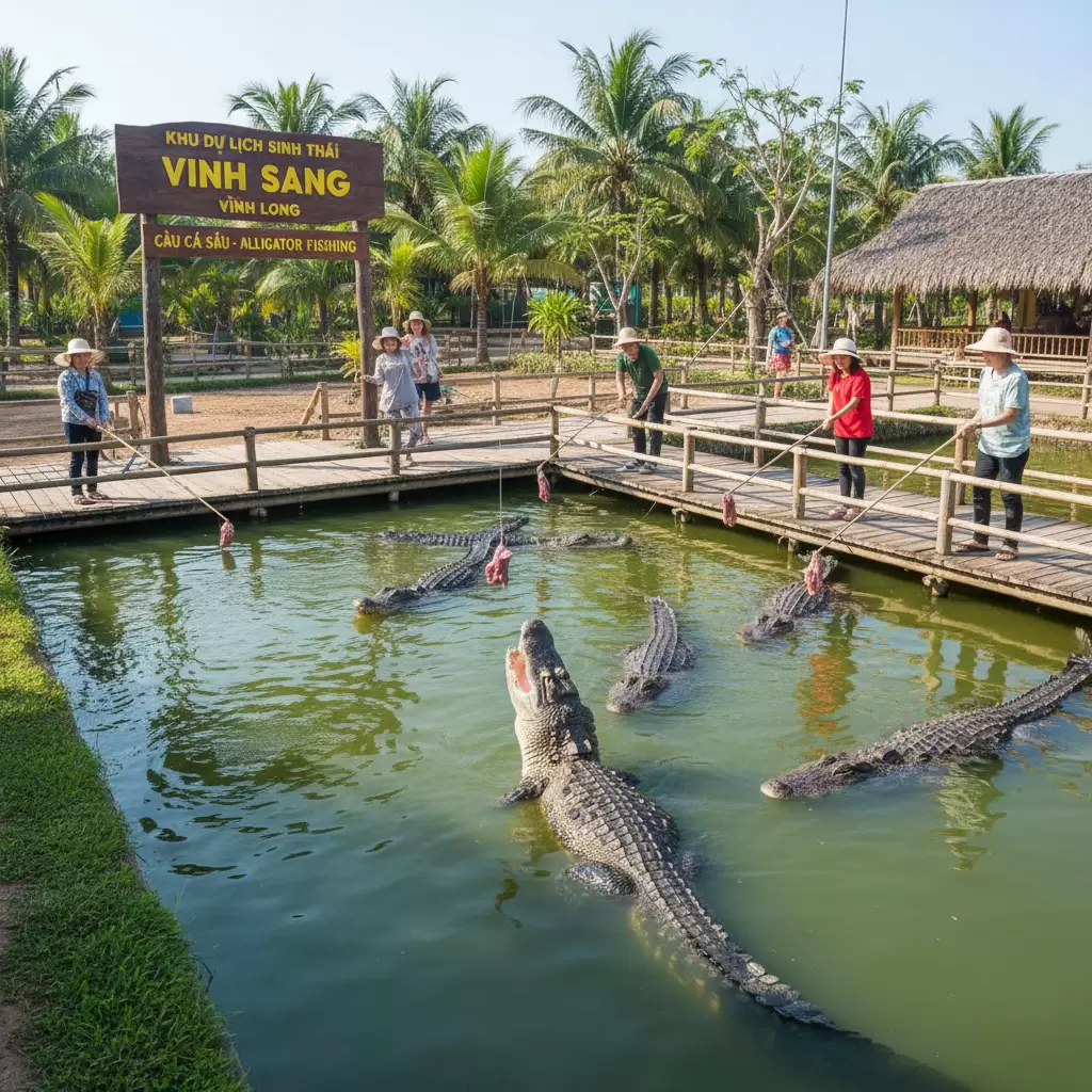 Du khách trải nghiệm hoạt động câu cá sấu tại Khu Du lịch Sinh thái Vinh Sang một hoạt động độc đáo và thú vị