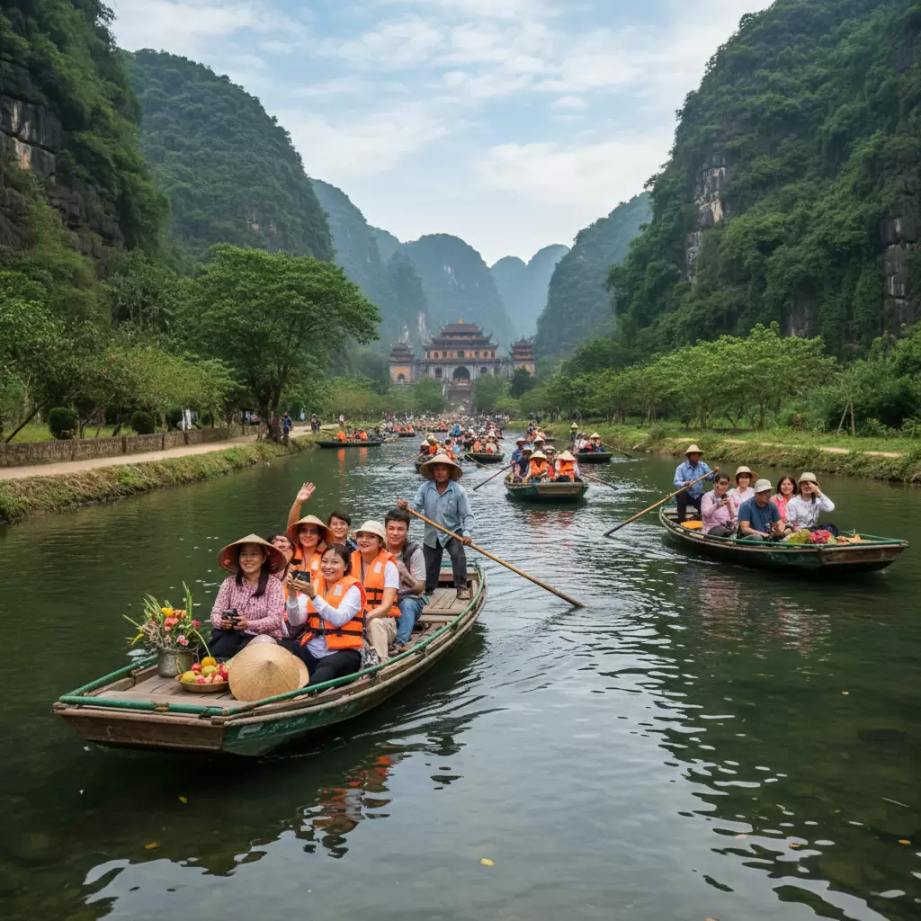 Du khách di chuyển bằng thuyền trên dòng Suối Yến thơ mộng để vào khu vực chính của Chùa Hương