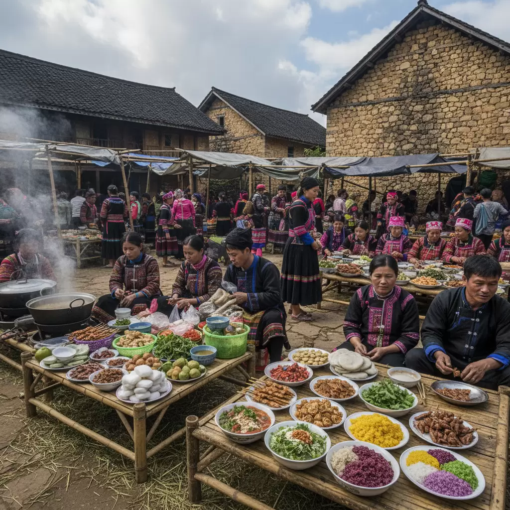 gemini_image_1767078496-2 Không khí nhộn nhịp tại Chợ phiên Đồng Văn nơi du khách có thể thưởng thức Thắng cố và nhiều đặc sản khác