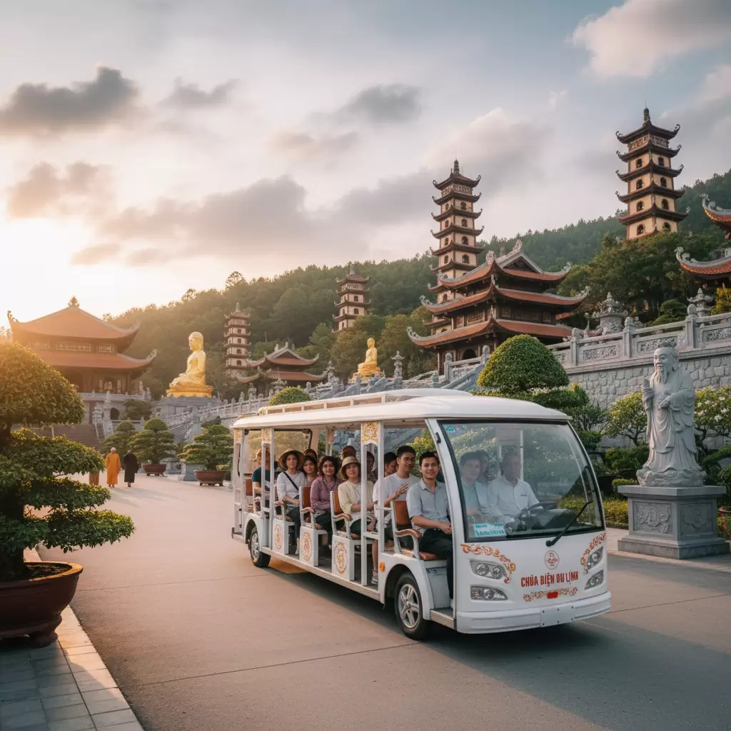 Xe điện là phương tiện không thể thiếu để khám phá quần thể Bái Đính rộng lớn